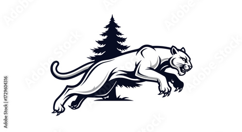 Foto Powerful Cougar Leaping Through Forest.