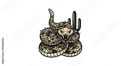 Aggressive coiled rattlesnake ready to strike in desert environment.