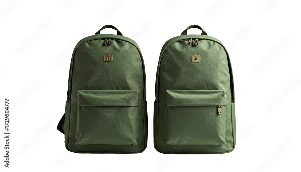 Fototapeta premium Two matching olive green backpacks, side-by-side. Each features a simple design with multiple pockets, and adjustable straps
