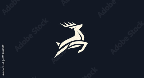Stylized White Deer Leaping Against Dark Background in Modern Logo Design.