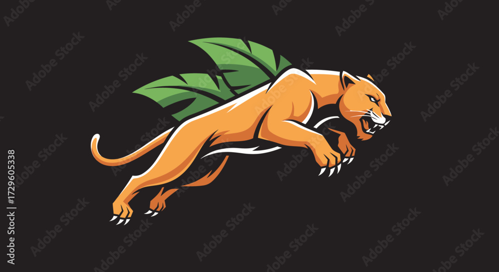Obraz premium Powerful Cougar with Leaf Wings Leaping Forward.