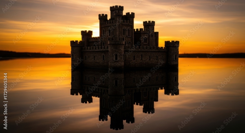Fototapeta premium Medieval Castle Silhouette During Sunset Reflection on Calm Water