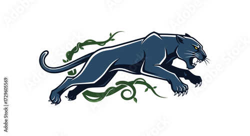 Leaping Black Panther Illustration with Aggressive Expression and Jungle Vines.