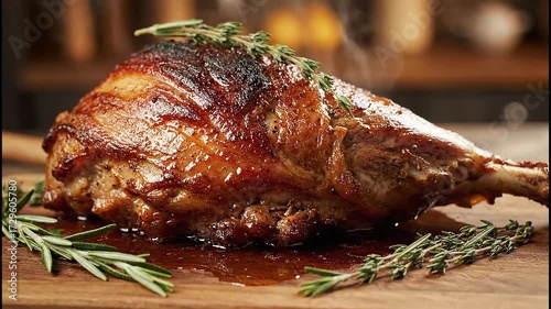Roasted meat seasoned with sprigs of rosemary  thyme rests on a wooden board The meat appears golden and juicy