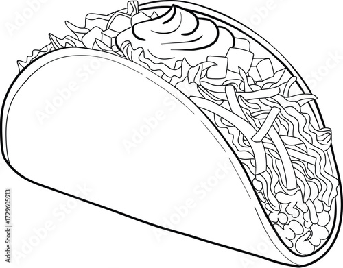 Hand Drawn Taco with Sour Cream and Fresh Filling Outline