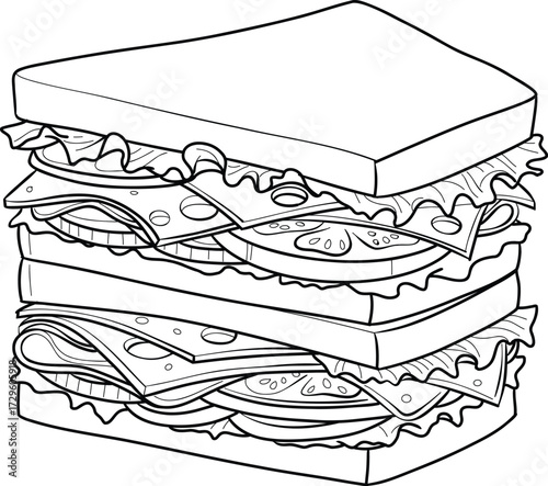 Hand Drawn Layered Sandwich with Fresh Ingredients Outline