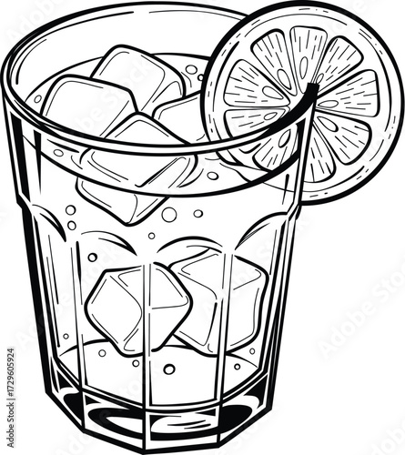 Refreshing Lemon Drink with Ice Cubes and Citrus Slice Outline