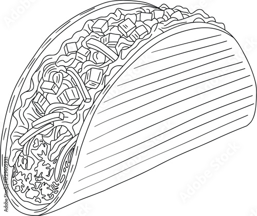 Detailed Line Drawing of a Taco Filled with Fresh Ingredients