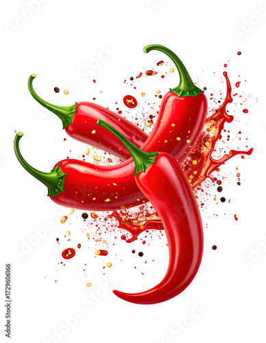 Three vibrant red chili peppers, bursting with fiery energy, amidst a splatter of red sauce and spices