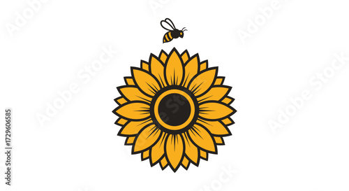 Stylized sunflower with a bee flying above it in a graphic illustration.