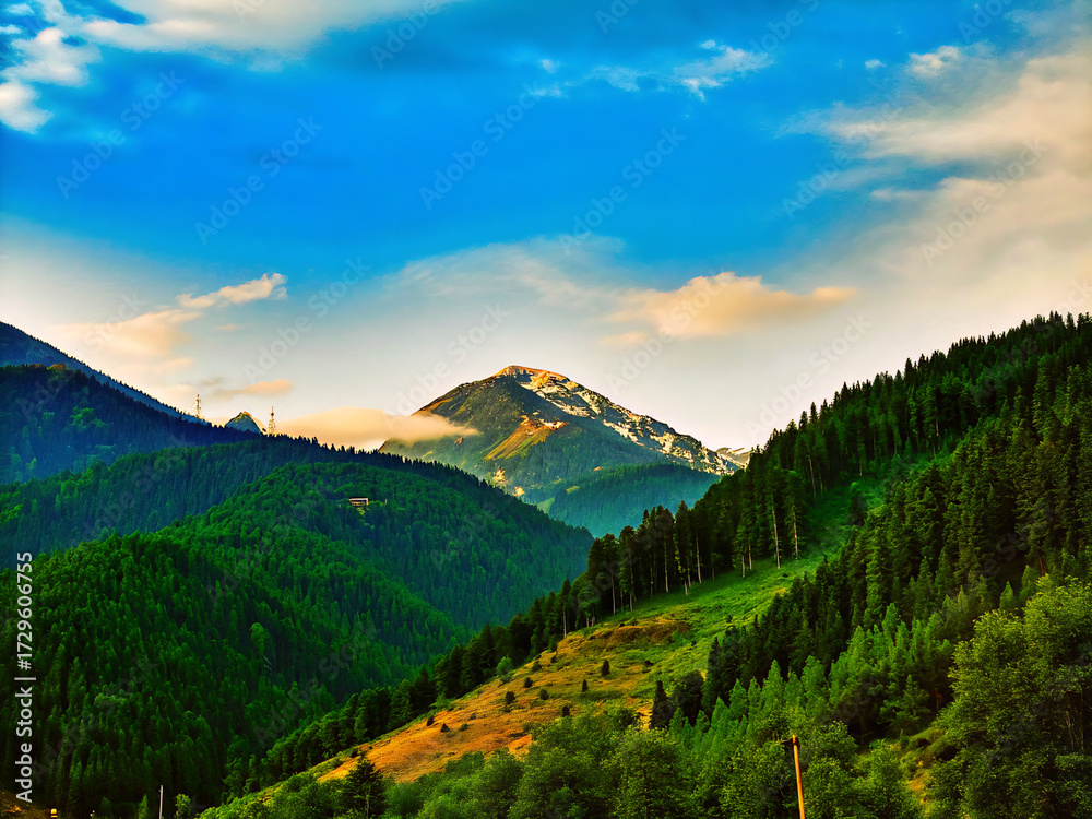 Fototapeta premium sunset in the mountains. mountain, landscape, nature, sky, mountains, forest, alps, clouds, view, tree, cloud, summer, snow, panorama, valley, peak, green, rock, trees, park, hill, travel, high, touri