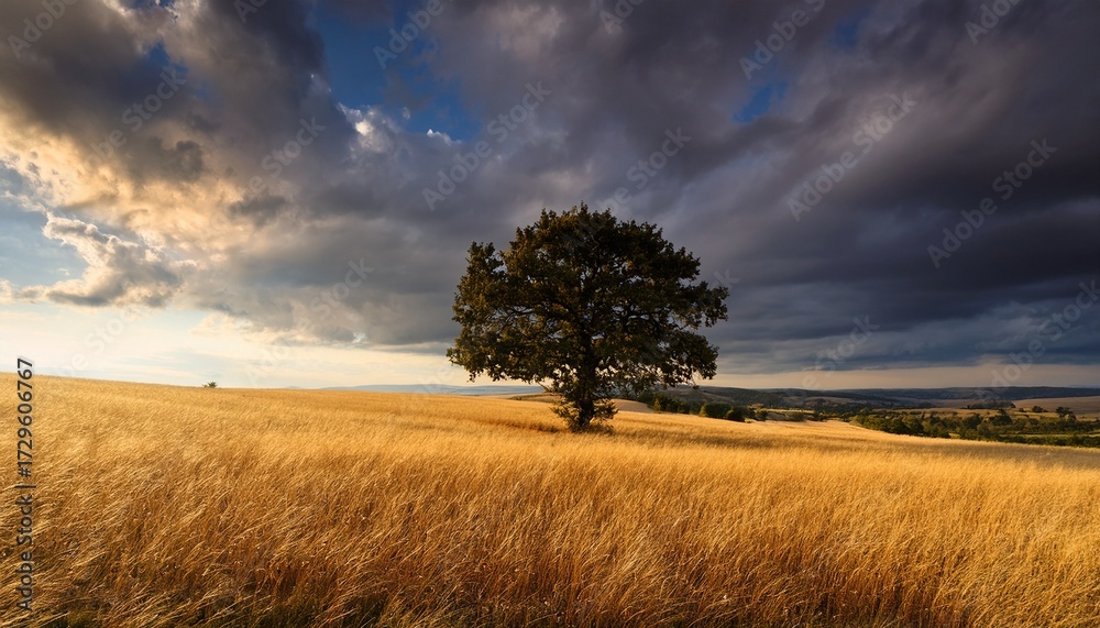 Fototapeta premium Stunning Contrast Of Bright Sky And Dark Clouds Over Isolated Tree In Golden Meadow Landscape