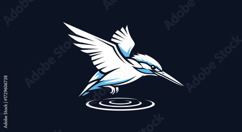 White Kingfisher Bird in Flight Water Splash Wildlife Art.
