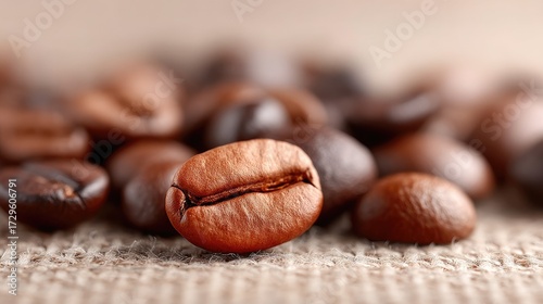 Macro Shot of Roasted Coffee Beans on Burlap Surface with Warm Lighting and Shallow Depth of Field Detailed Texture Brown Tones
