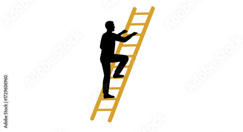 Silhouette illustration of a man climbing a wooden ladder against a white background symbolising