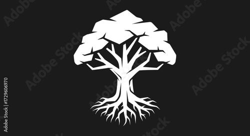 Stylized white tree silhouette with strong roots and branches.