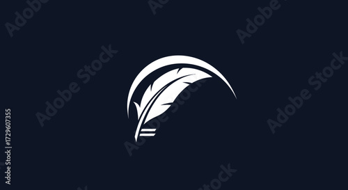 Elegant white quill feather logo in a curved design.
