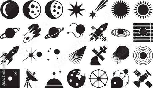 Space exploration symbols celestial navigation spaceflight black silhouette vector