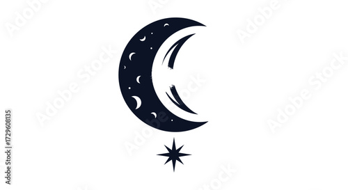 Celestial crescent moon with starry accents and a hanging star.
