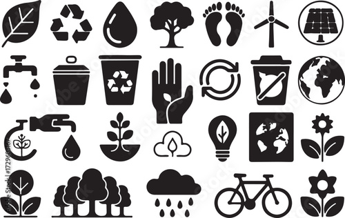 Eco Environmental Green Energy Nature Conservation Icons Silhouette Sustainable