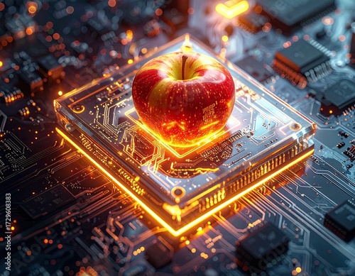 Red apple rests on a glowing computer chip
