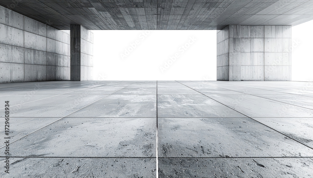Obraz premium Gray concrete interior, empty space. Large open area, tiled floor