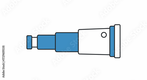 Stylized blue and white spyglass illustration against a plain white backdrop offers vintage allure