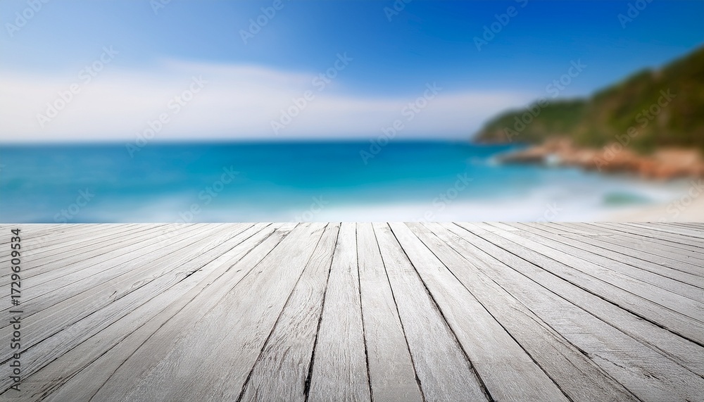 Fototapeta premium White Wood Floor With Blurred Sea Background