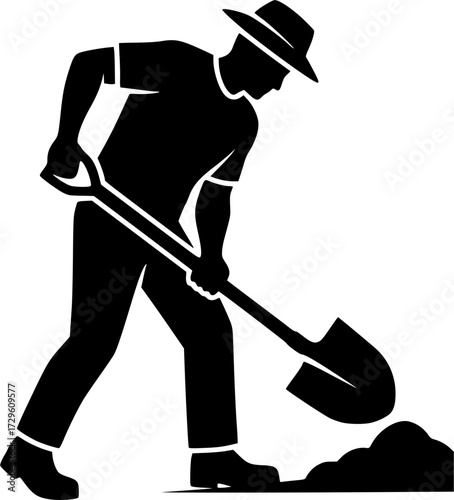 Farmer with shovel silhouette, Farmer using shovel silhouette, Farmer using shovel, Man with shovel, Shovel silhouette, Man with shovel silhouette