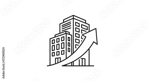Stylized building icon with upward trending arrow representing business growth and success