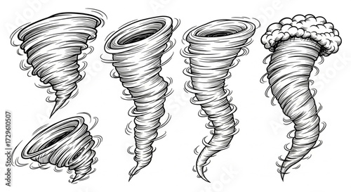 tornado and twister illustrations in a vintage monochrome style, representing concepts of chaos and natural force