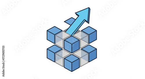 Dynamic growth visualization with upward trending arrow and interconnected block structure