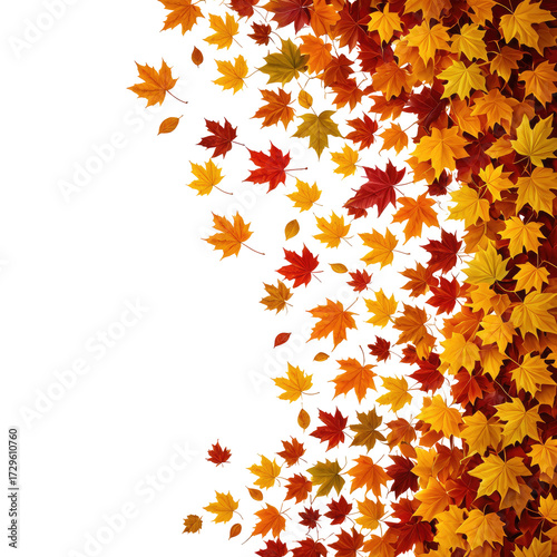 Autumn leaves cascade on black backdrop, vibrant colors, festive season