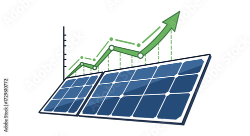 Solar panel energy generation efficiency with an upward trend growth chart symbol