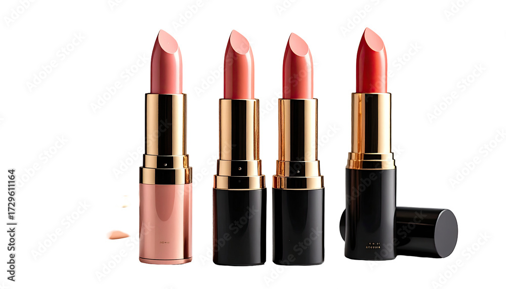 Obraz premium Four lipstick tubes in varying shades of pink and red, presented in a horizontal row. Gold accents and black casings. A small sample of a light peach shade is visible to the lower left