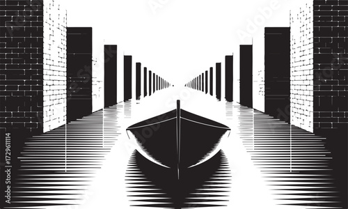 Boat Sailing In Canal Perspective With Brick Walls Isolated Drawing