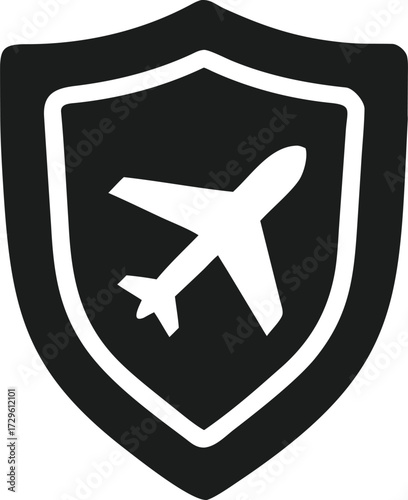 Dark Gray Shield Icon with Airplane Silhouette Inside protection security transparent web icon