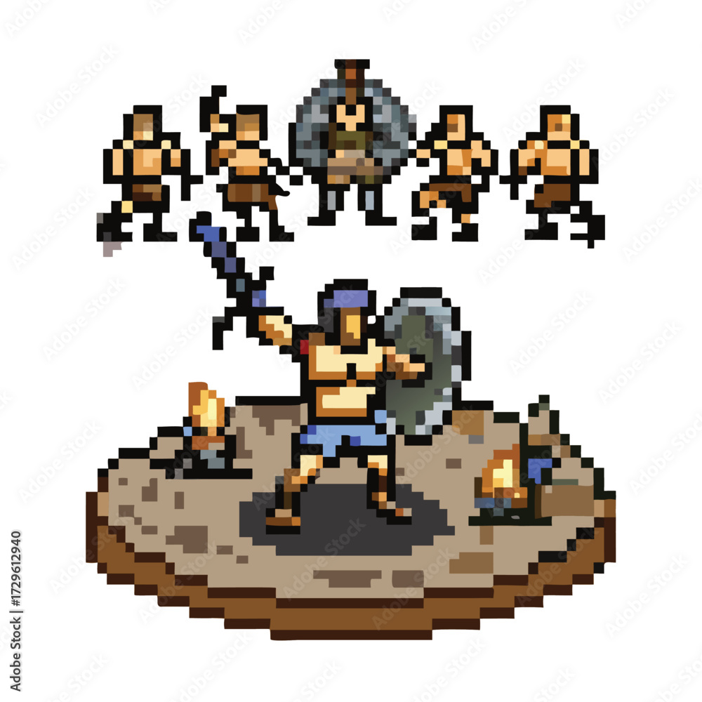 Fototapeta premium Pixel Art Gladiator Sprite, 16-bit Fantasy Combat Character for RPG Game