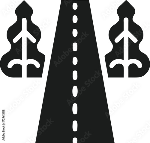 Straight road with dashed line between stylized trees street highway transparent web icon