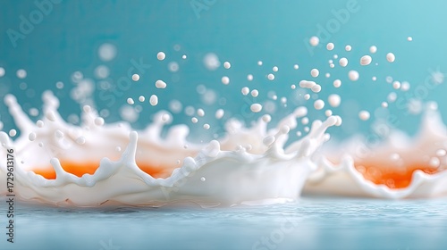 Macro Shot of White Liquid Splashing Against Turquoise Background in Frozen Motion Style Product Photography