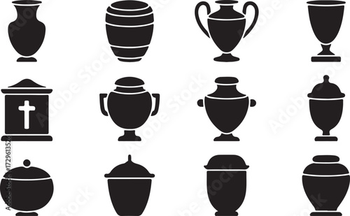 Silhouette Collection Funeral Urns Pottery Vessels Isolated on Transparent Background