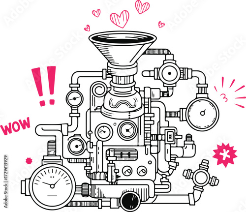Steampunk machine equipment gear complex mechanism pipeline system element
