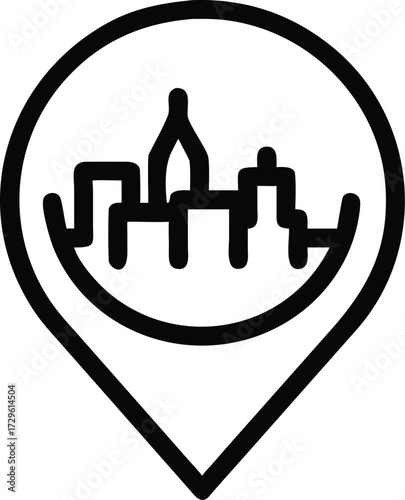 Location Pin Icon with Abstract City Silhouette on White Background Keywords: transparent web icon
