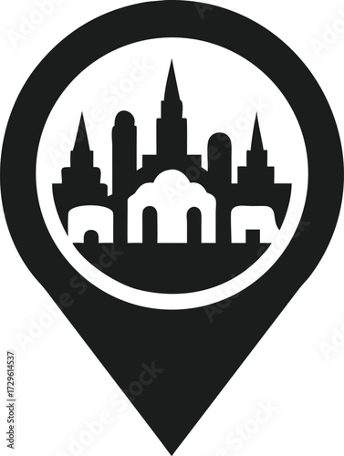 Location Pin Icon with City Skyline Silhouette on White Background Keywords: transparent web icon