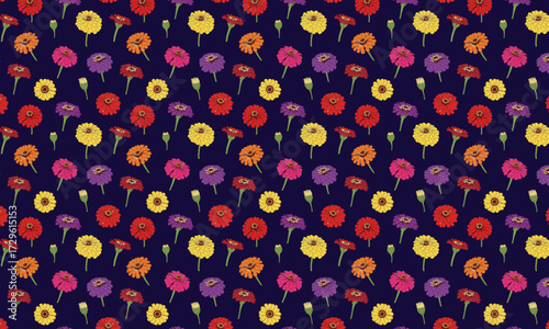 Colorful zinnia flower pattern on dark blue background.