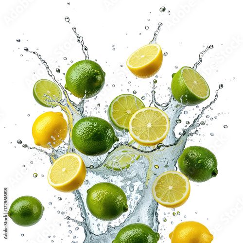 Refreshing citrus lemons & limes burst with water splash on black background
