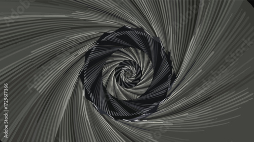 Abstract grayscale geometric spiral vortex with hexagonal center vector illustration.