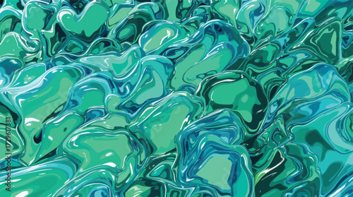 Abstract Organic Shapes of Vibrant Teal and Green Liquid Flowing and Waving fluid.