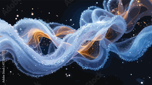 Ethereal Blue and Orange Wispy Cloud Formation with Bubbles and Sparkles abstract.