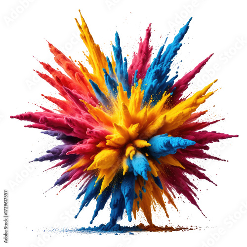 Vivid explosion of colorful powder particles bursting from center